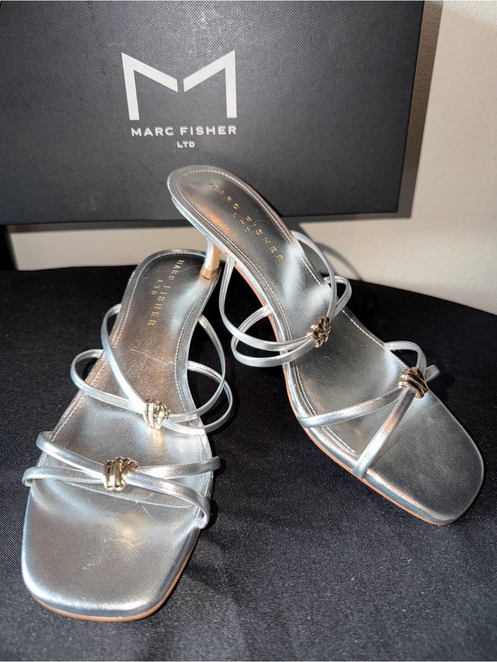 Marc Fisher Silver Strappy Knot Mules - Picture 4 of 9